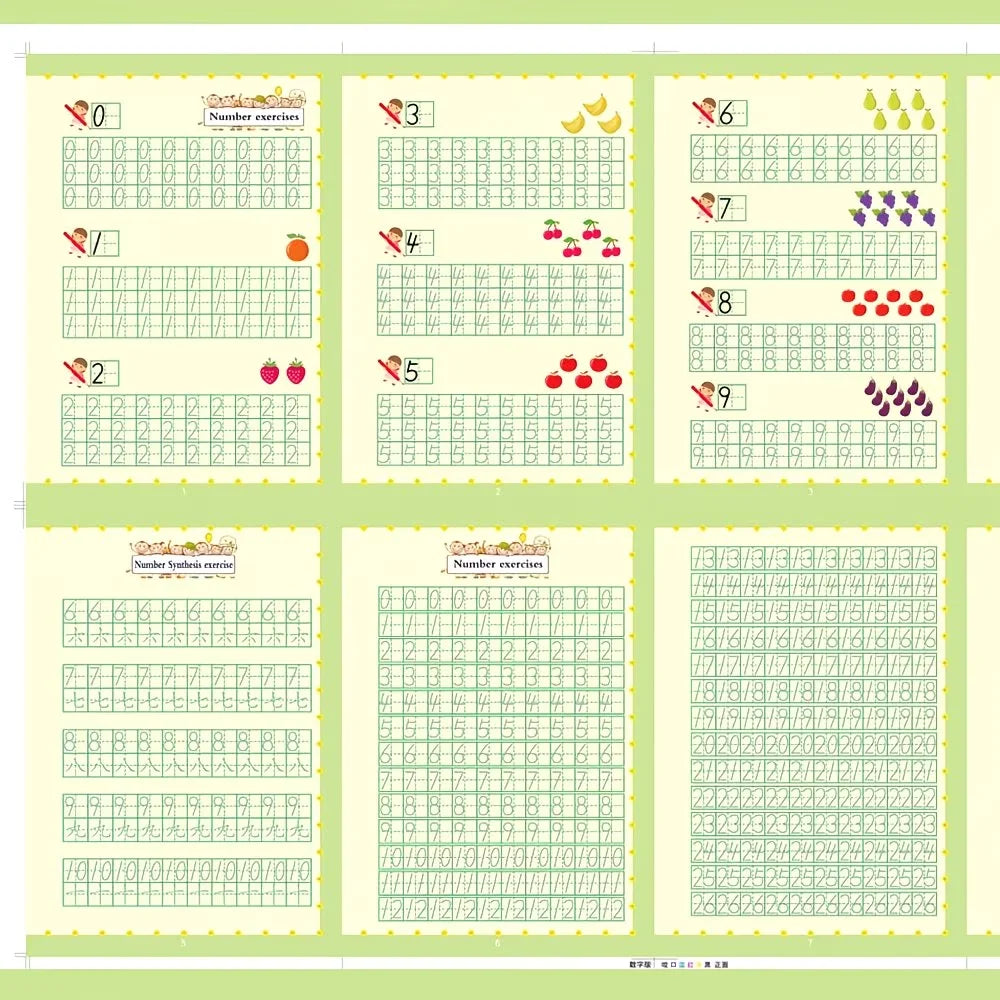 A practice set for kids featuring number exercises, including counting, number synthesis, and various drawing grids.