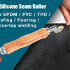 A hand holds a 40mm silicone seam roller tool used for welding and sealing various materials like EPDM, PVC, and ABS.