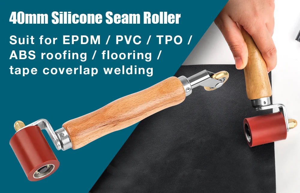A hand holds a 40mm silicone seam roller tool used for welding and sealing various materials like EPDM, PVC, and ABS.