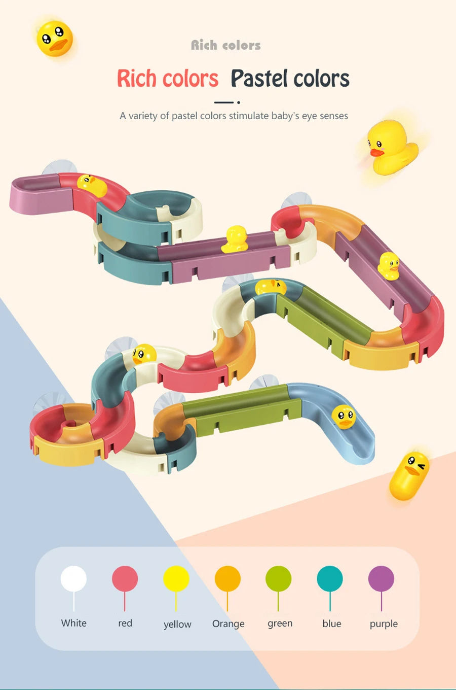 A set of colorful bath time duck slide toys in various pastel colors for toddlers.