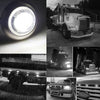 A collage showing various round LED marker lights, including a bright close-up and installed on trucks and trailers.