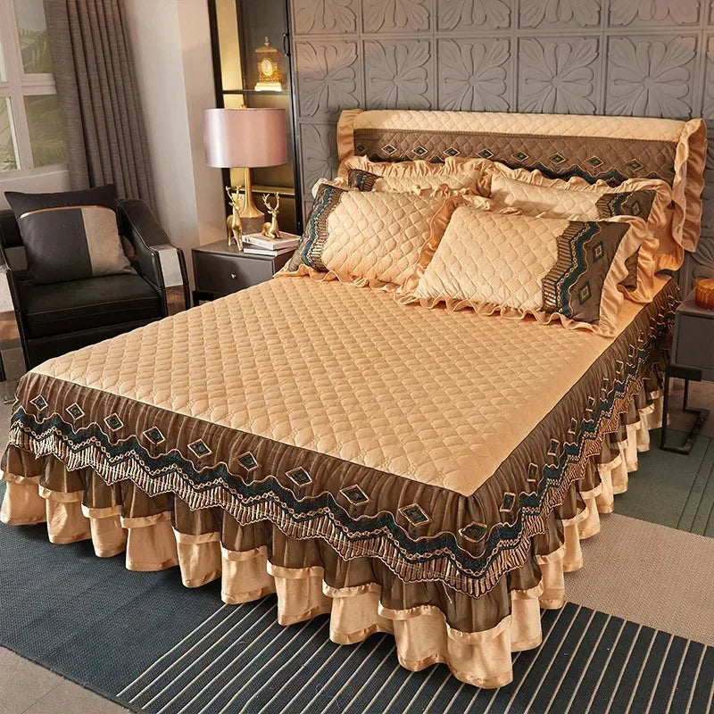 Crystal Velvet Gold Lace Bed Skirt with Anti-Slip Base