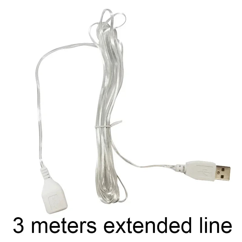 A silver LED light strip with a USB connector is shown, representing a 3 meters extended line.