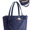 Navy blue structured laptop tote bag with convertible straps and a front pocket.
