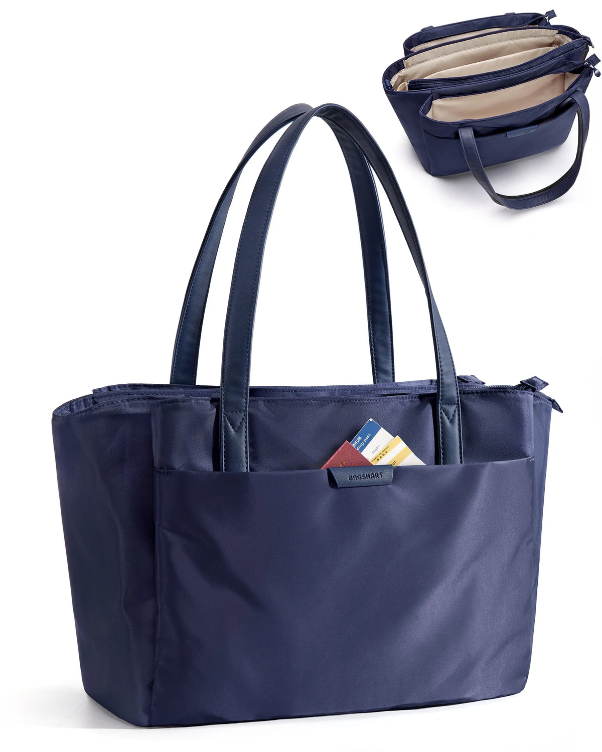 Navy blue structured laptop tote bag with convertible straps and a front pocket.