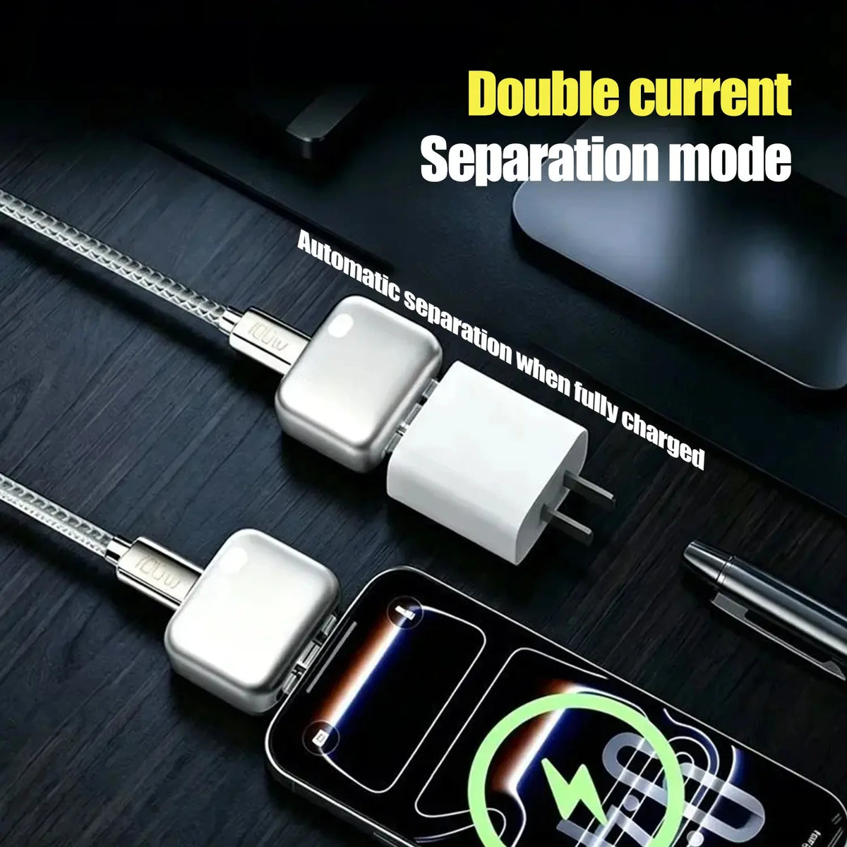 A close-up of a USB-C smart battery guard showing a separation mode feature on a smartphone.