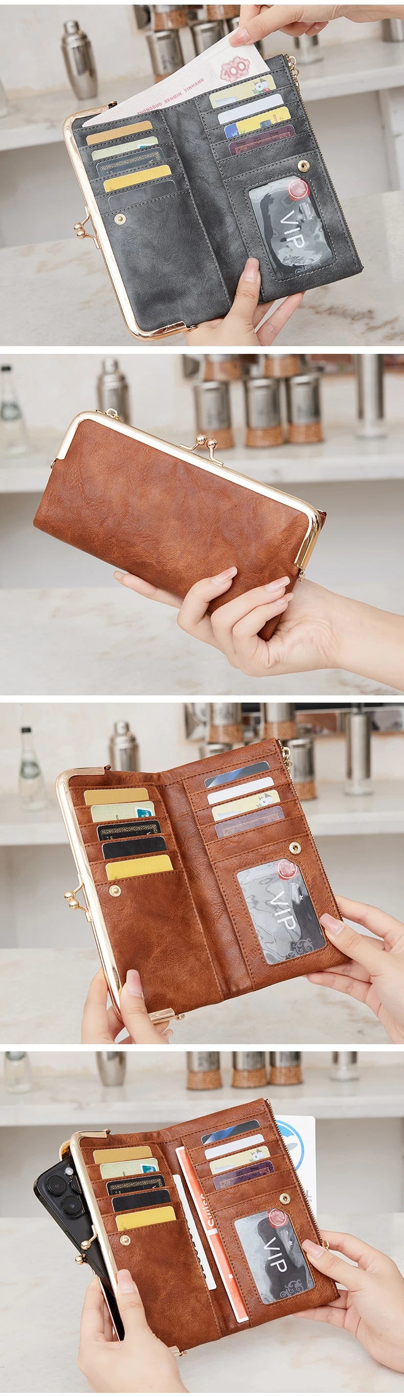 A brown leather wallet with gold accents and a VIP card is shown being held by a hand.