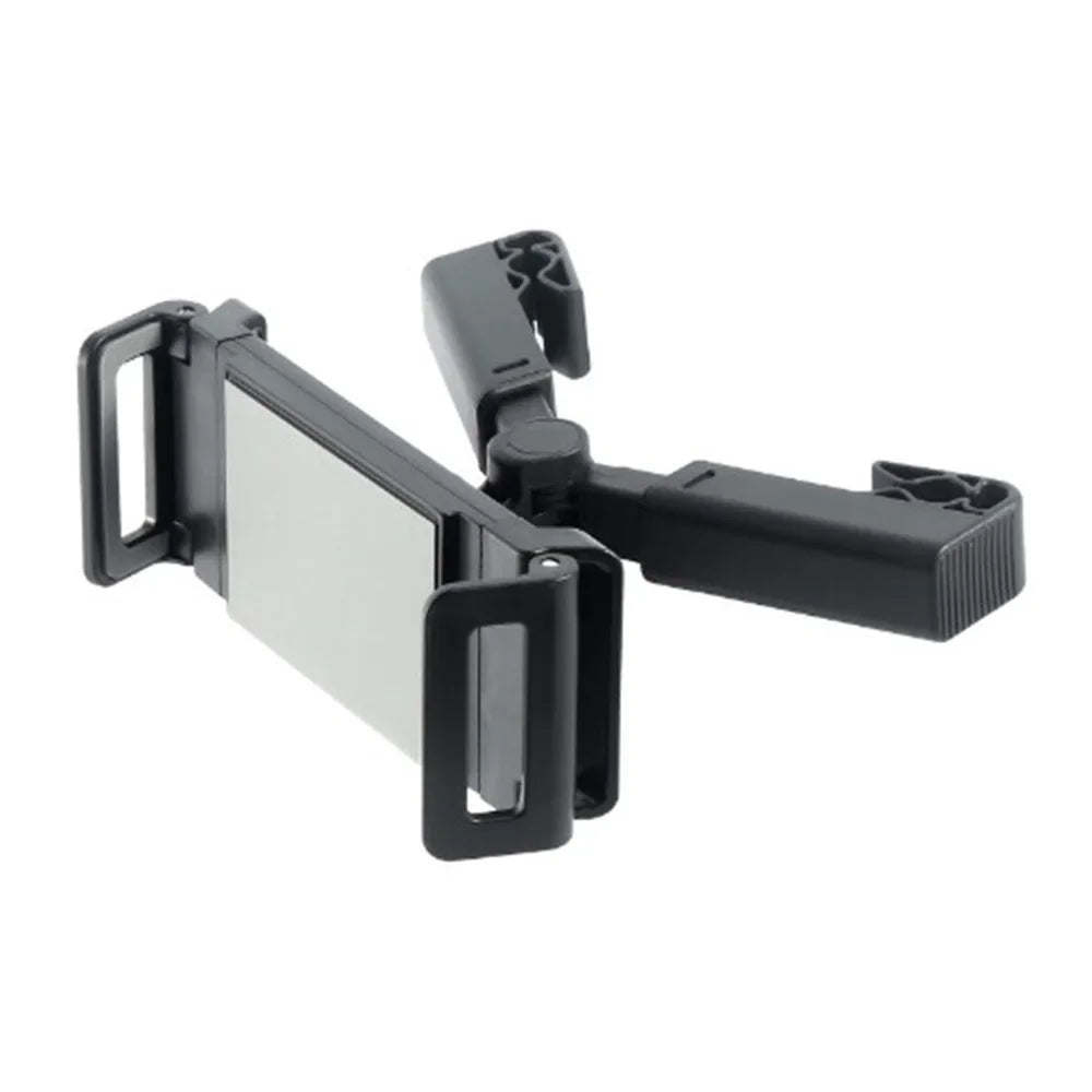 Black adjustable car tablet mount designed for rear seat entertainment.