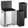 A stainless steel dual compartment step trash can with a soft-close lid shown in black and silver.