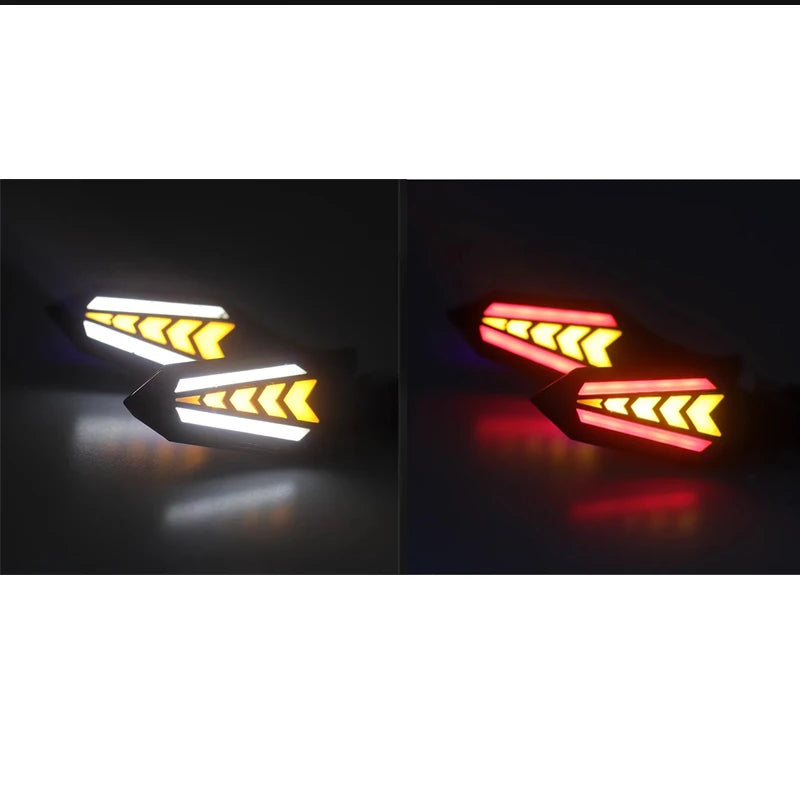 A pair of universal 12V motorcycle LED flowing turn signal indicators shown in black housing with yellow and red light patter