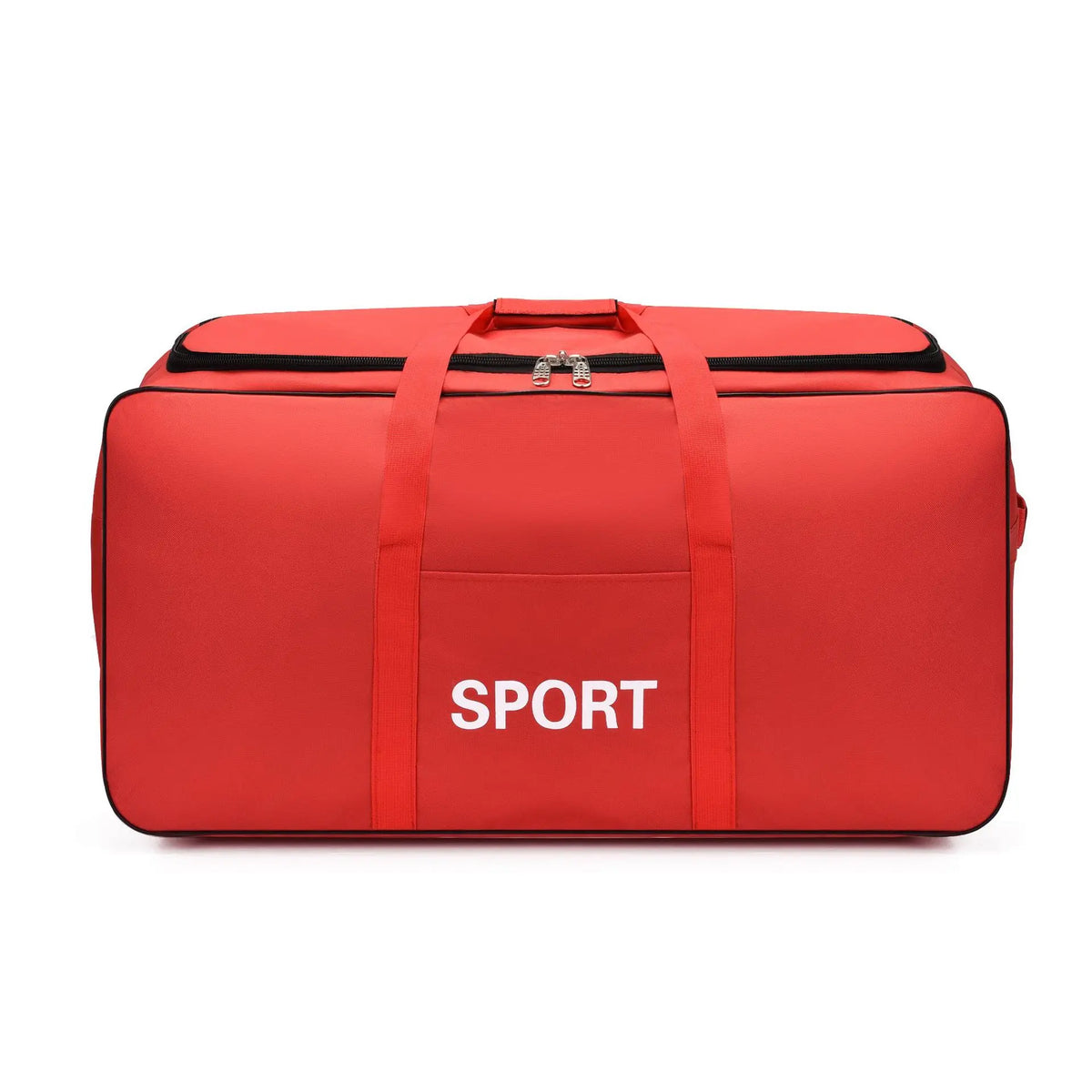 A red heavy-duty waterproof travel duffel bag with a black top zipper and the word SPORT printed on the front.