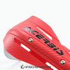Red ACERID motorcycle handguards for handlebar protection shown in a close-up view.