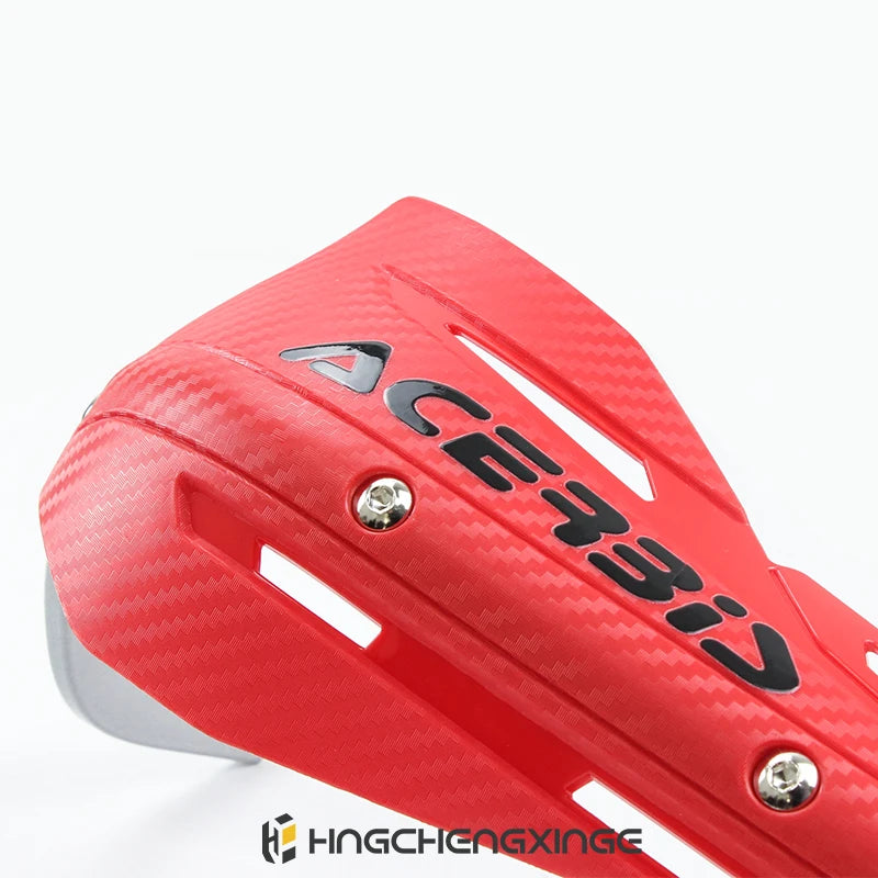 Red ACERID motorcycle handguards for handlebar protection shown in a close-up view.