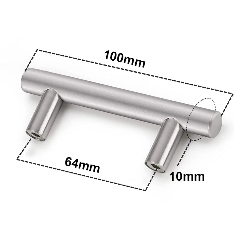 Moderne Edelstahl-T-Bar-Schubladengriffe mit Maßen von 100 mm und verschiedenen Befestigungspunkten