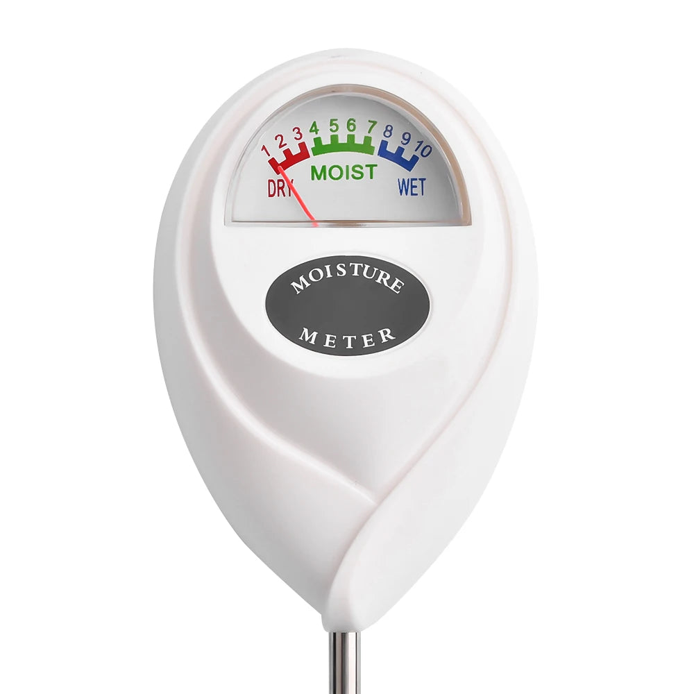 A white soil moisture meter device with a dial showing DRY, MOIST, and WET levels.