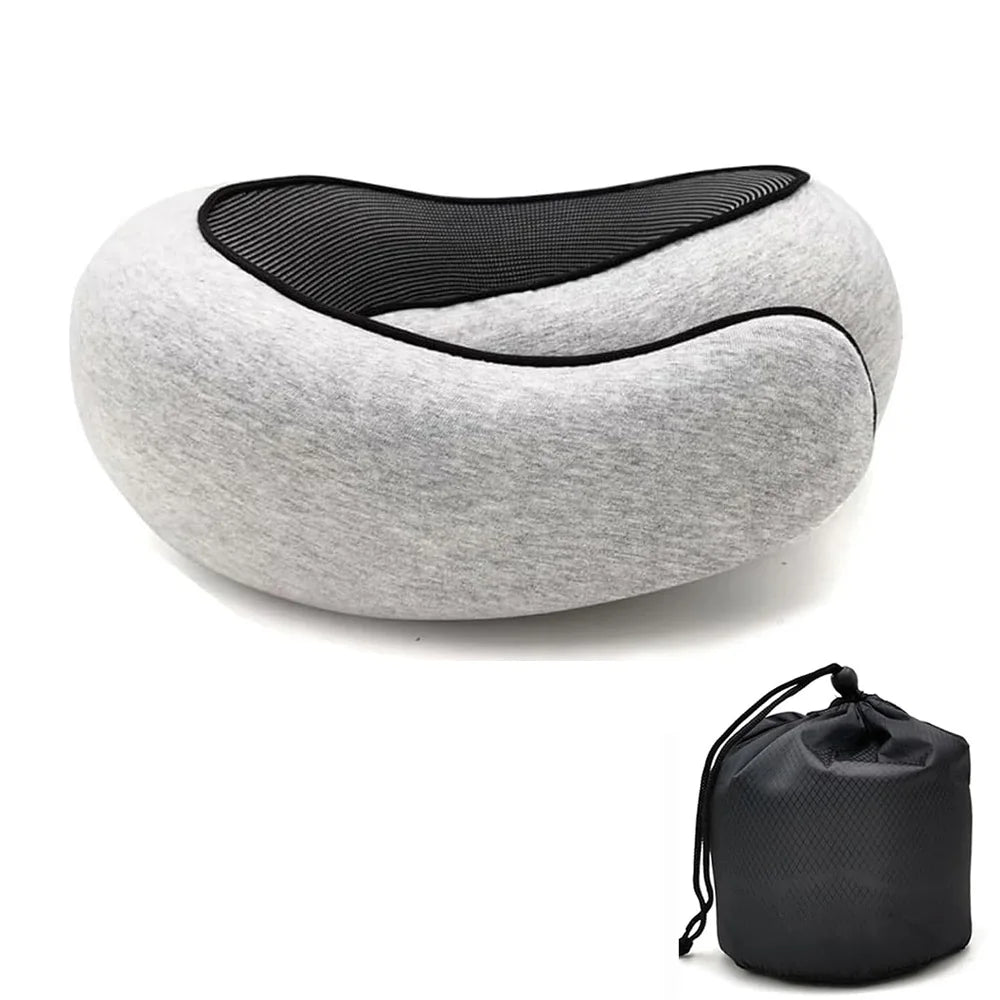 Oreiller de voyage en mousse à mémoire de forme gris avec accents noirs, vue de dessus
