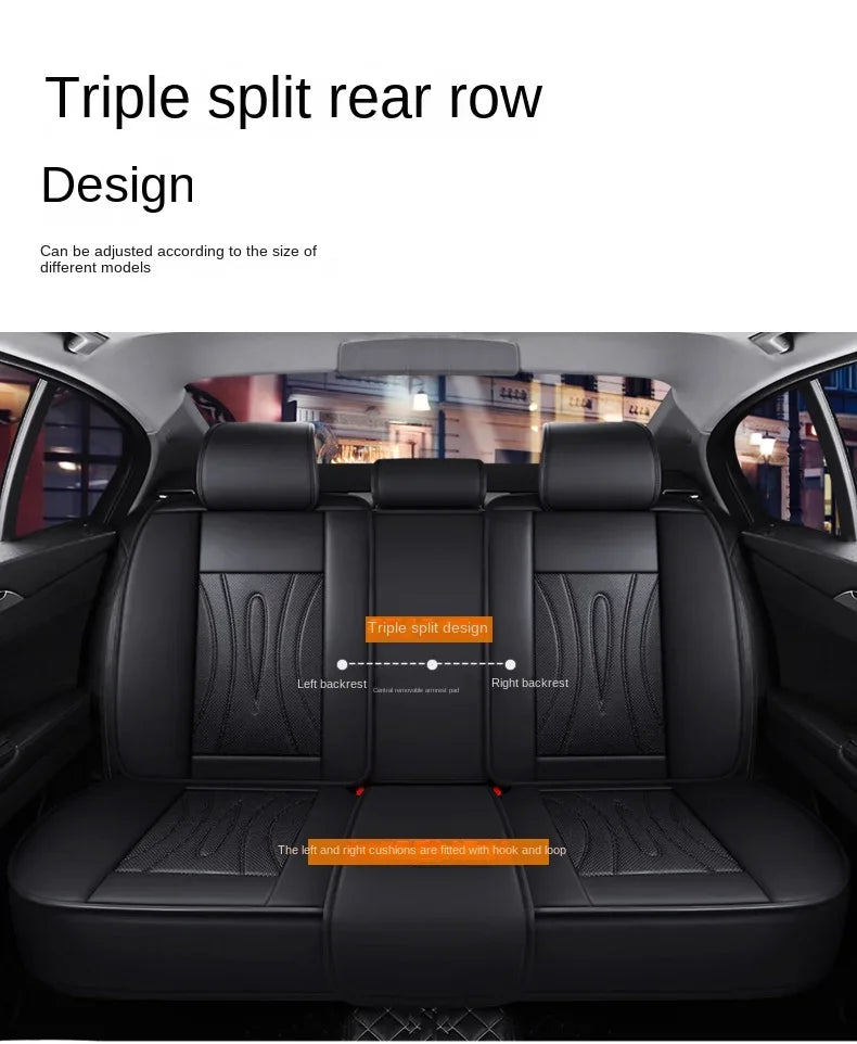 Interior view of a car showing triple split rear row seat covers with individual cushions.