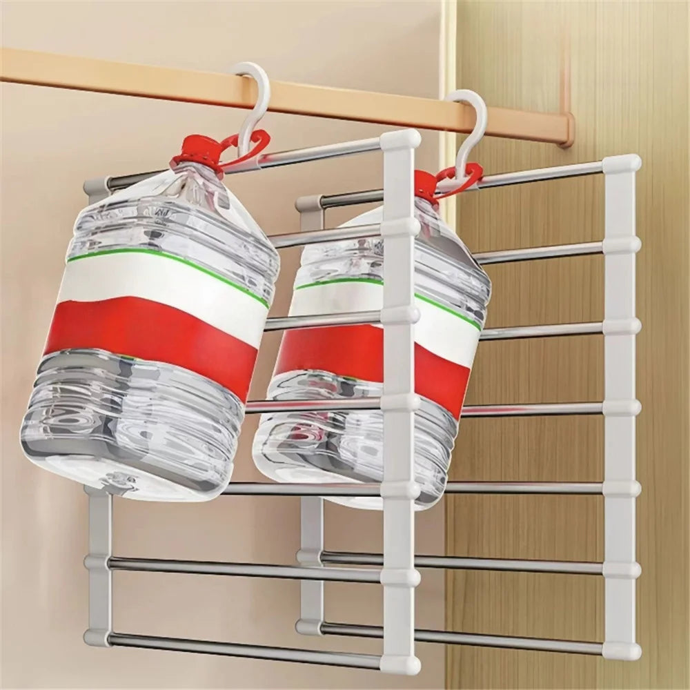 A silver multi-layer hanger displaying two clear glass bottles with red and white bands.