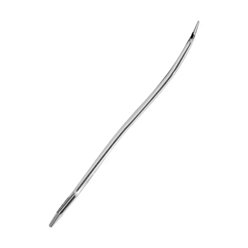 A silver leather sewing awl set with replaceable needles shown diagonally.
