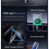 A magnetic wireless car charger mount featuring 360 degree rotation, RGB light surround, and a stable triangular structure.