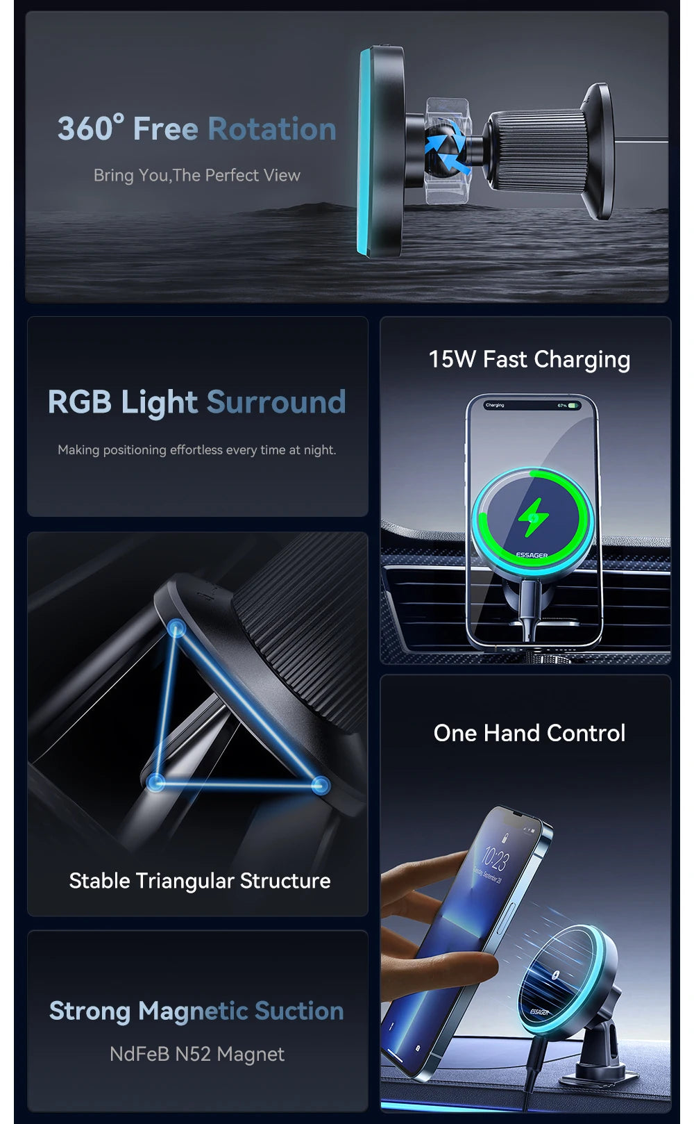 A magnetic wireless car charger mount featuring 360 degree rotation, RGB light surround, and a stable triangular structure.