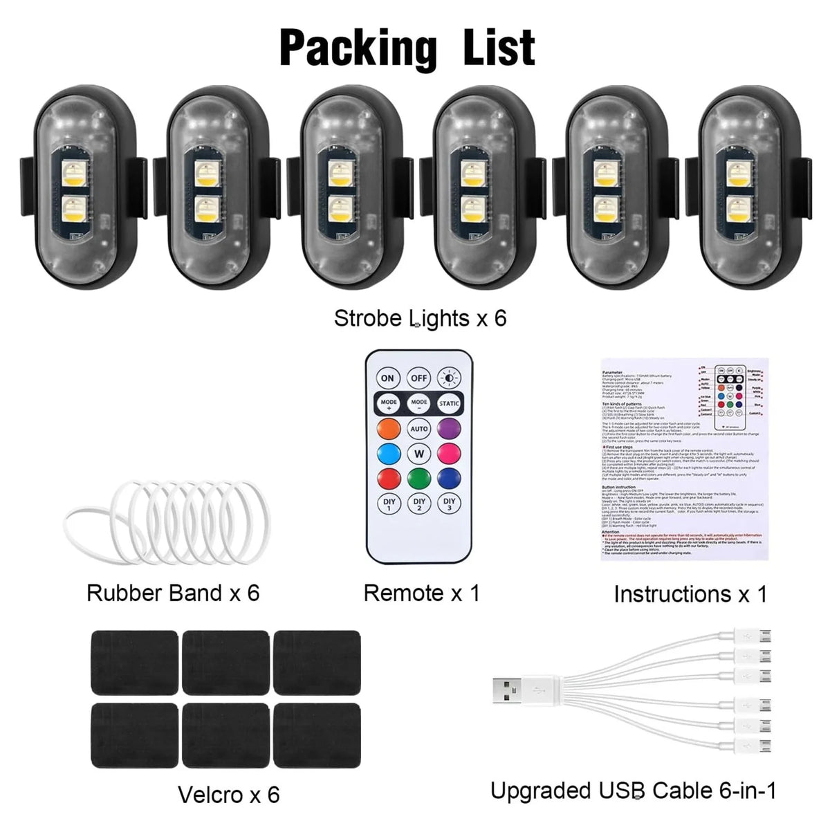 Packing list of strobe lights, rubber bands, velcro, and an upgraded USB cable.