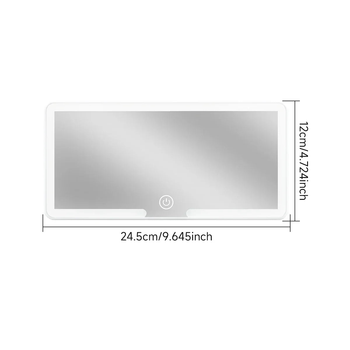 مرآة تجميل مستحضرات فضية ومزاجية بإضاءة LED، بأبعاد 24.5 سم × 12 سم.