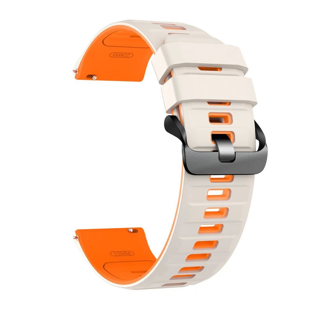 A white silicone watch band with an orange protective case and a gray buckle for a Redmi Watch Active 5.