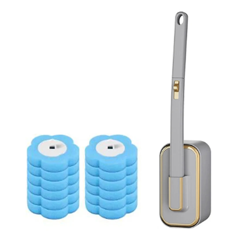 A set of blue disposable toilet brushes with automatic lids and replacement heads.