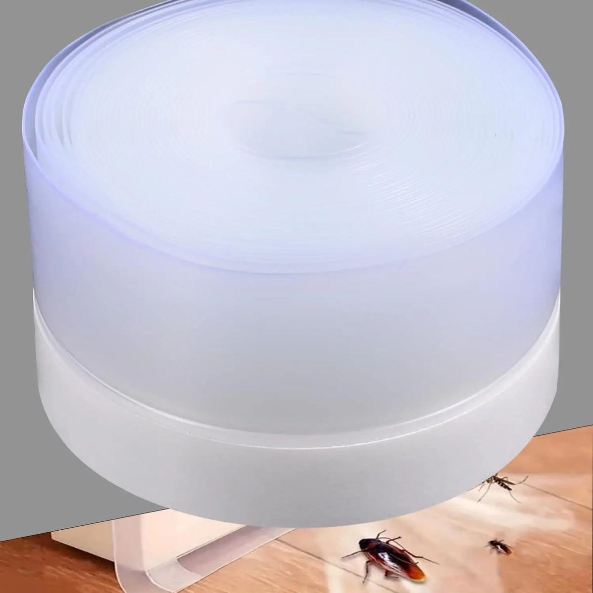 A clear silicone weather stripping seal tape roll is shown on a wooden surface with small insects nearby.