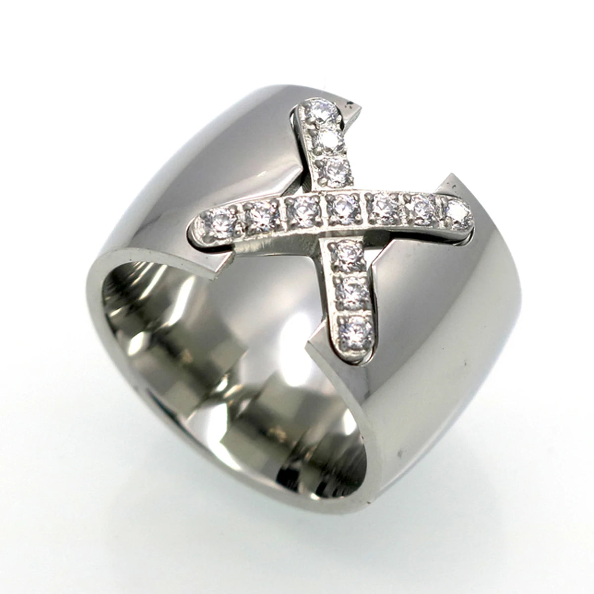 A silver gold pave cubic zirconia cross ring with a polished finish.