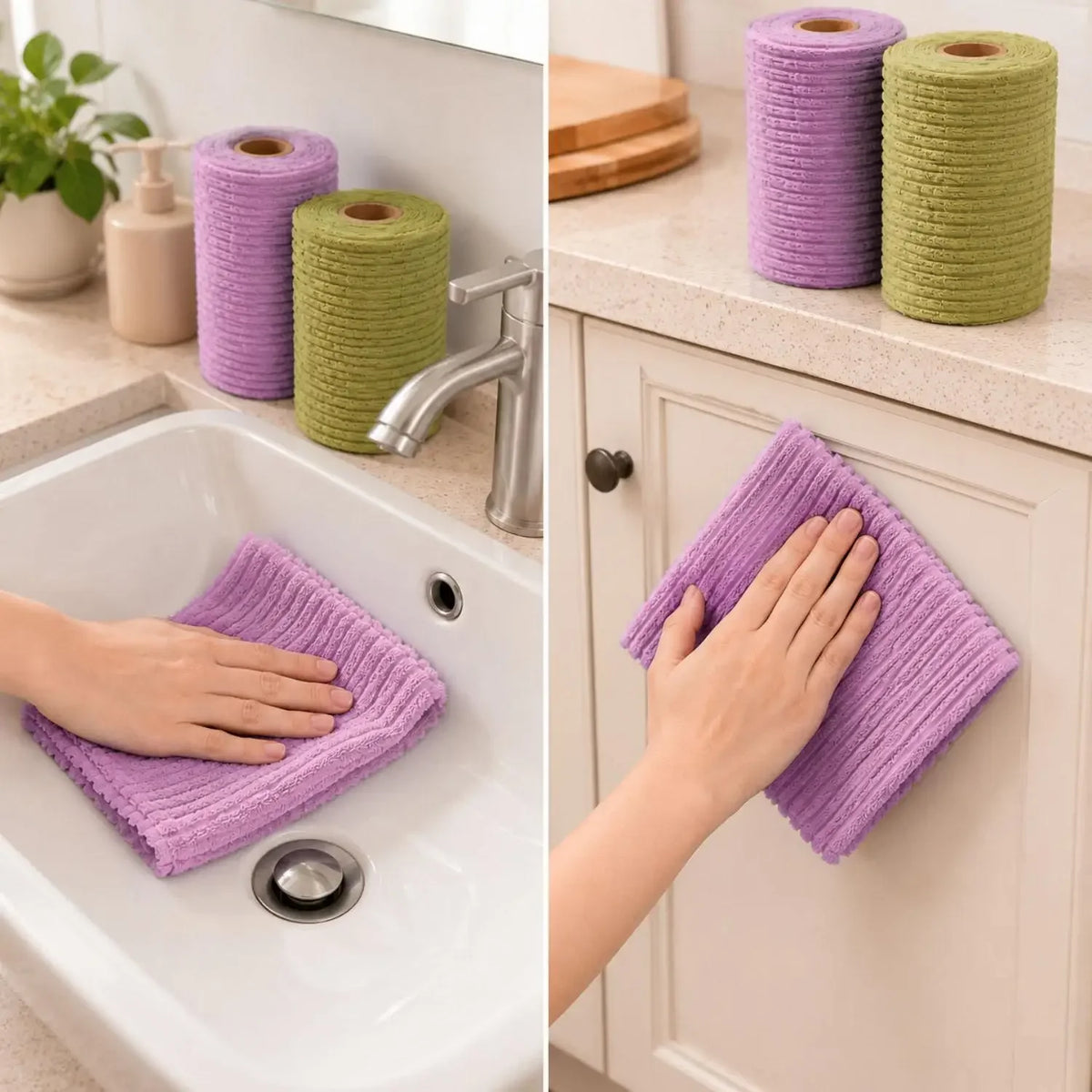 Purple and green reusable tear-away cleaning cloths are shown next to a kitchen sink and cabinet.