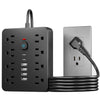 A black 8-outlet surge protector power strip with six USB ports and a coiled cord.