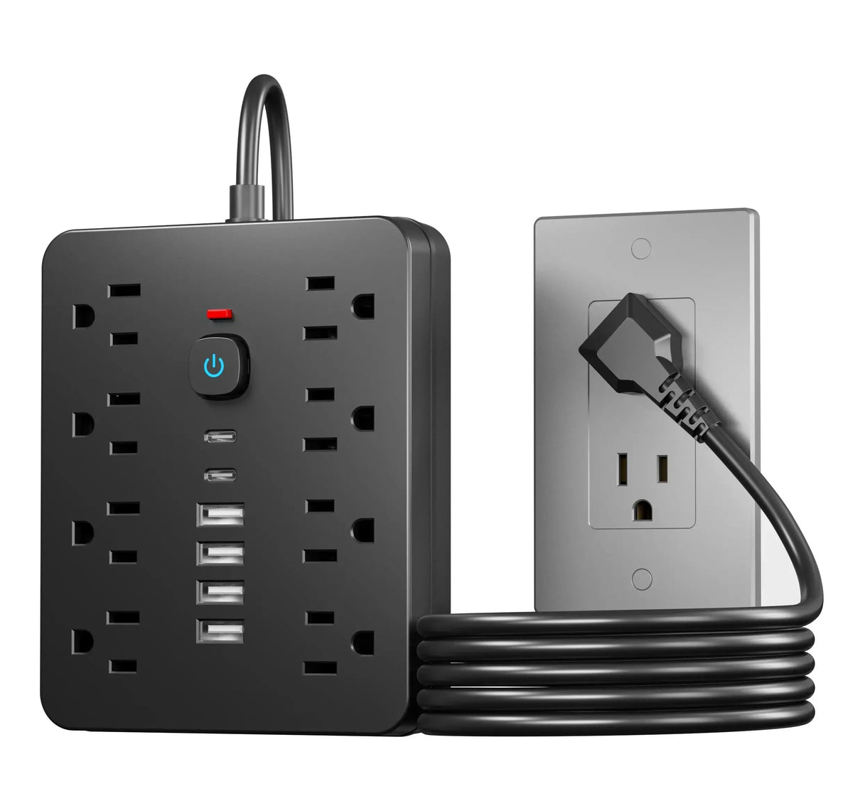 A black 8-outlet surge protector power strip with six USB ports and a coiled cord.