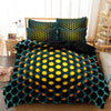 A teal and black geometric duvet cover set featuring a honeycomb pattern with yellow circular accents.