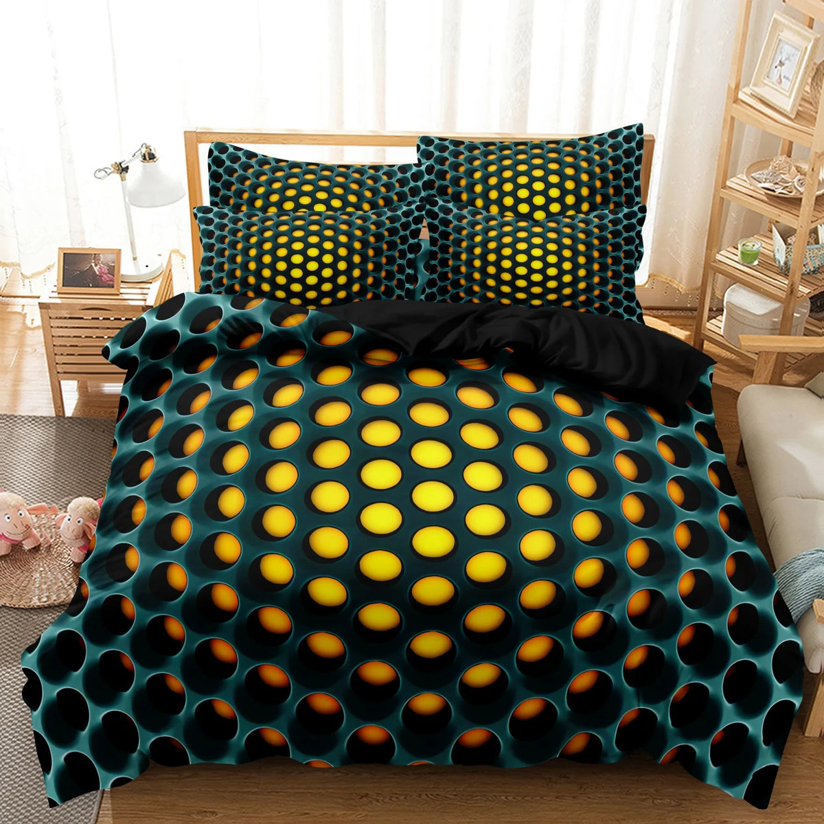 A teal and black geometric duvet cover set featuring a honeycomb pattern with yellow circular accents.