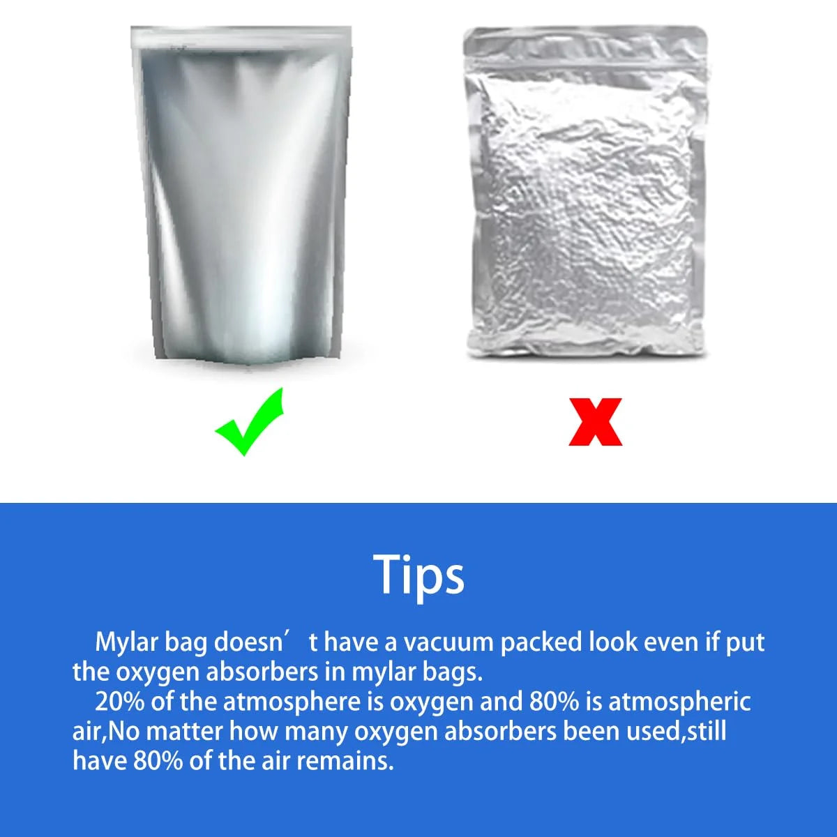 Comparison showing a silver foil bag with a checkmark and an 'X' mark, illustrating oxygen absorption.