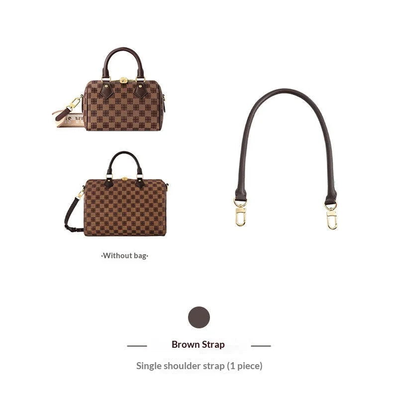 A brown synthetic leather bag strap for handbags and purses shown with a single shoulder strap.