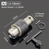 A drill chuck kit showing a metal tool with various adapters including a hex, SDS, and socket shank.