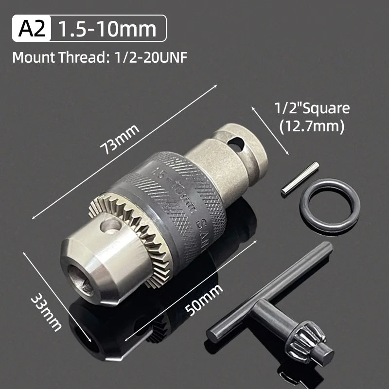 A drill chuck kit showing a metal tool with various adapters including a hex, SDS, and socket shank.