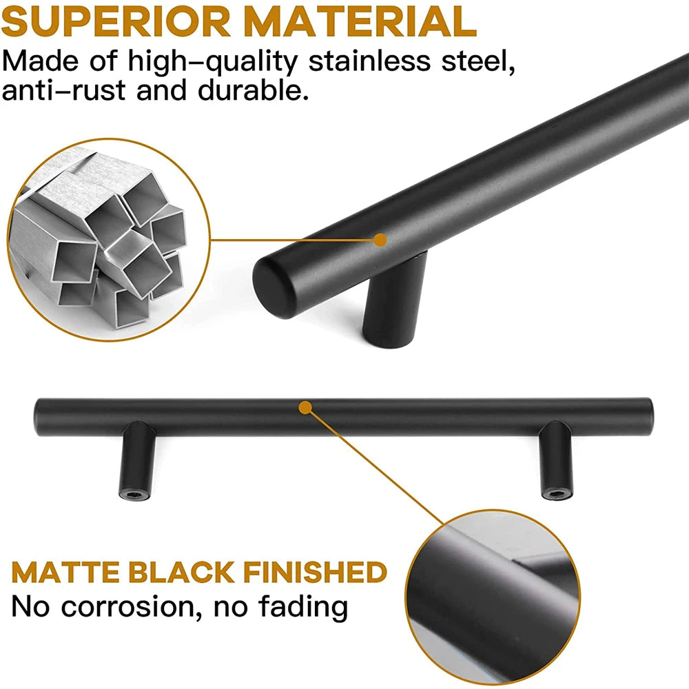 Mattschwarzer Edelstahl-T-Bar-Schrankgriff in verschiedenen Ansichten und Materialdetails