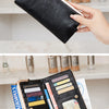 A close-up of a black leather wallet with various cards and cash, shown in different angles.