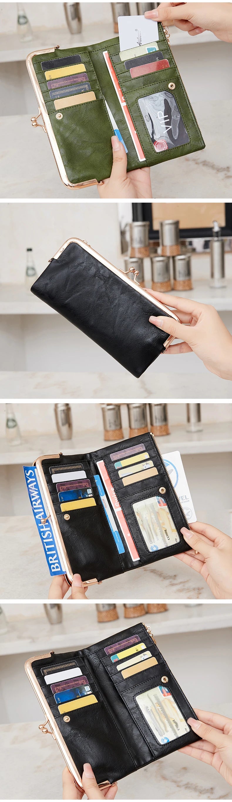 A close-up of a black leather wallet with various cards and cash, shown in different angles.