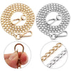 Two coils of adjustable metal chain links, one gold-toned and one silver-toned, shown with a close-up of the clasp.