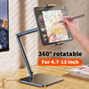 A hand is using a stylus on an adjustable metal tablet stand with a flexible arm, positioned over a tablet screen.