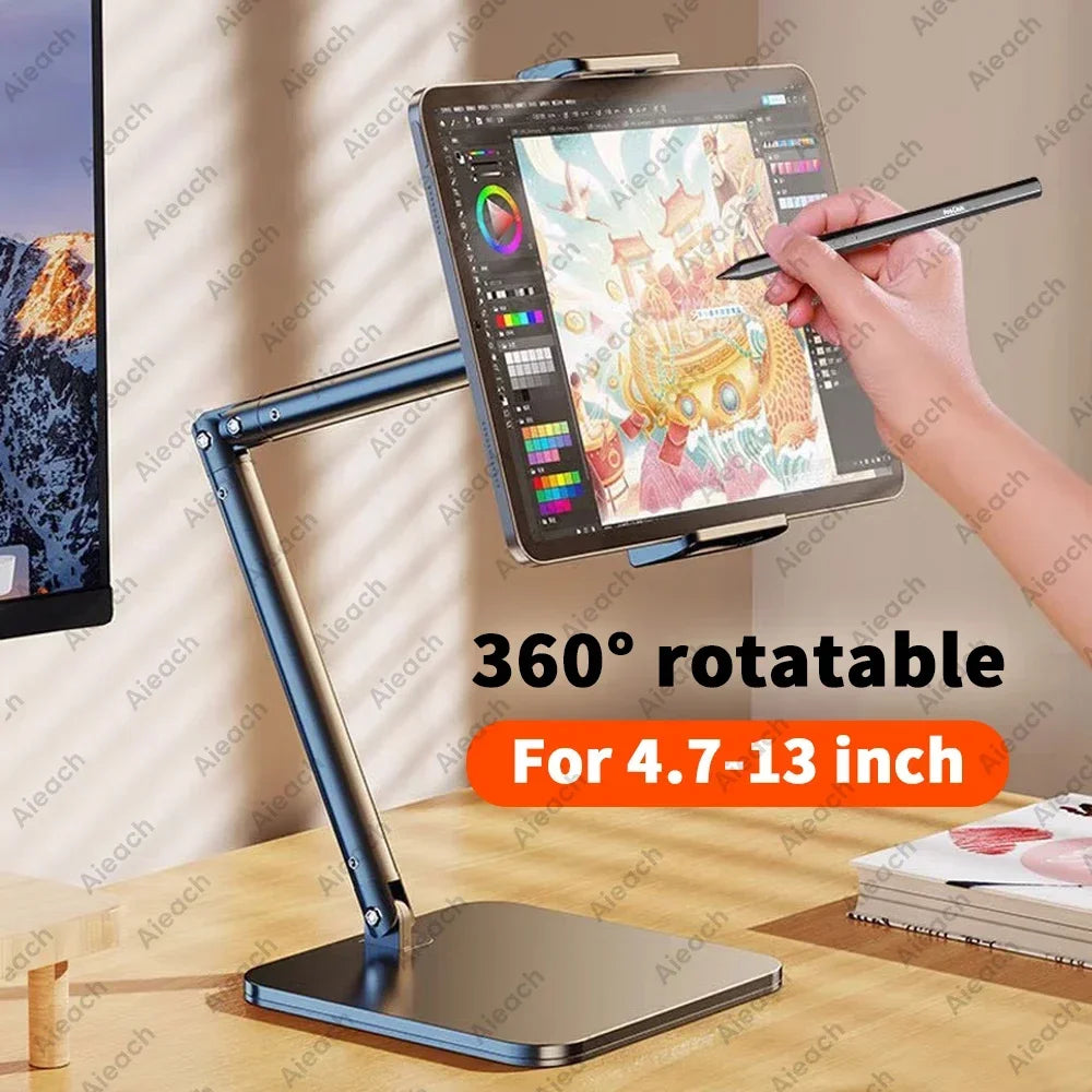 A hand is using a stylus on an adjustable metal tablet stand with a flexible arm, positioned over a tablet screen.