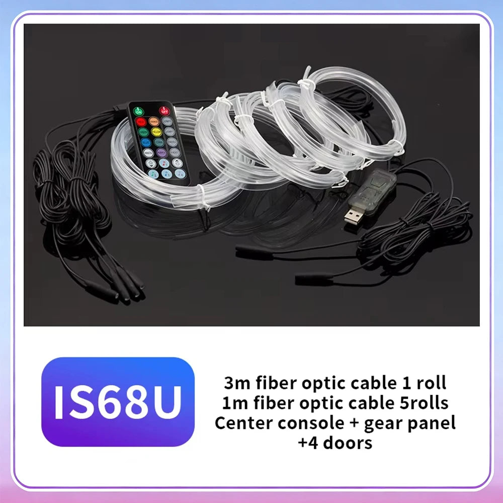 A roll of 3m fiber optic cable and a 1m fiber optic cable shown with a smartphone for context.