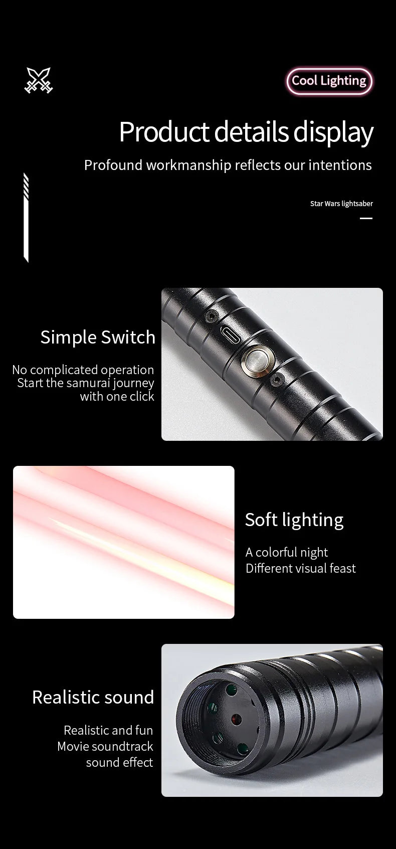 Display of a black lightsaber product featuring simple switch, soft lighting, and realistic sound effects.