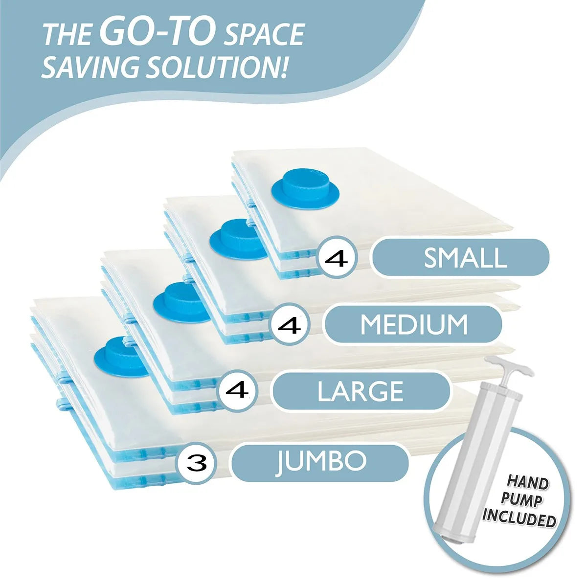A stack of vacuum storage bags in various sizes small medium large and jumbo with a hand pump included