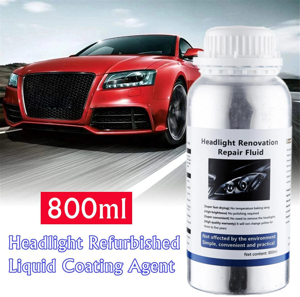 A bottle of Headlight Refurbished Liquid Coating Agent next to a red Audi car, showing headlight repair fluid for restoration